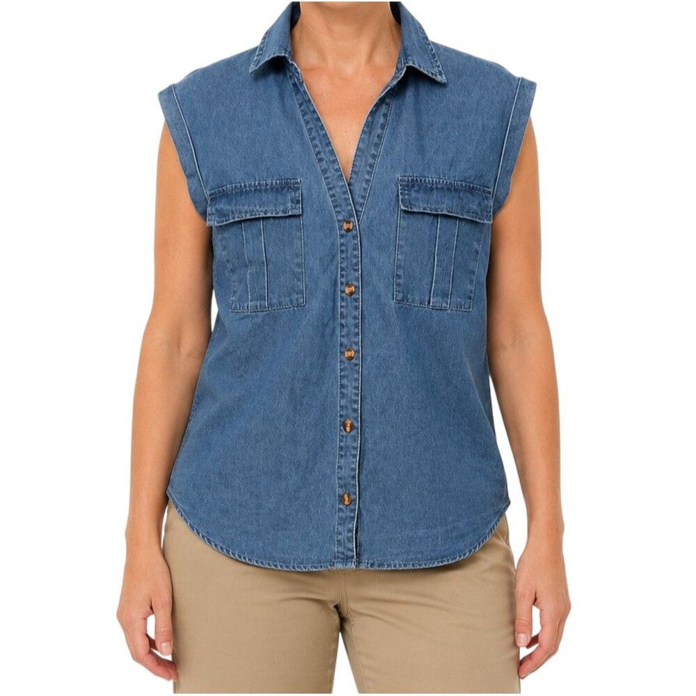 NEW POTILI Denim Sleeveless Shirt Womens XL V-Neck Cap Sleeve Button Up Blue